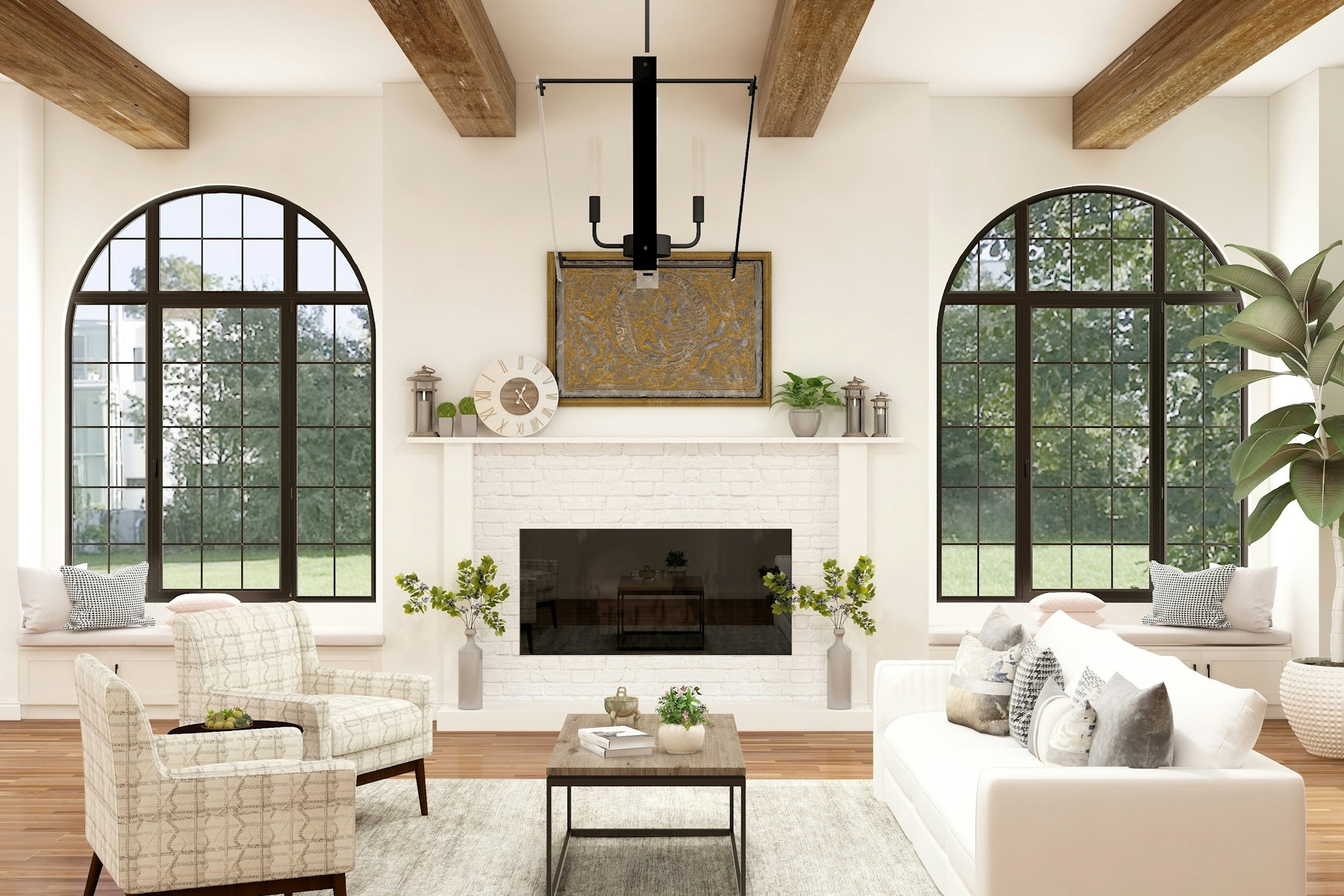 Chalet great room with stone fireplace