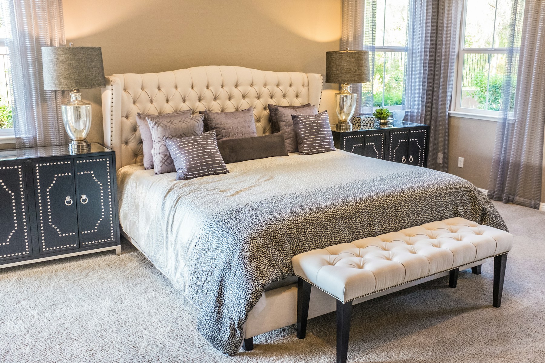 Calm loft bedroom with linen bedding